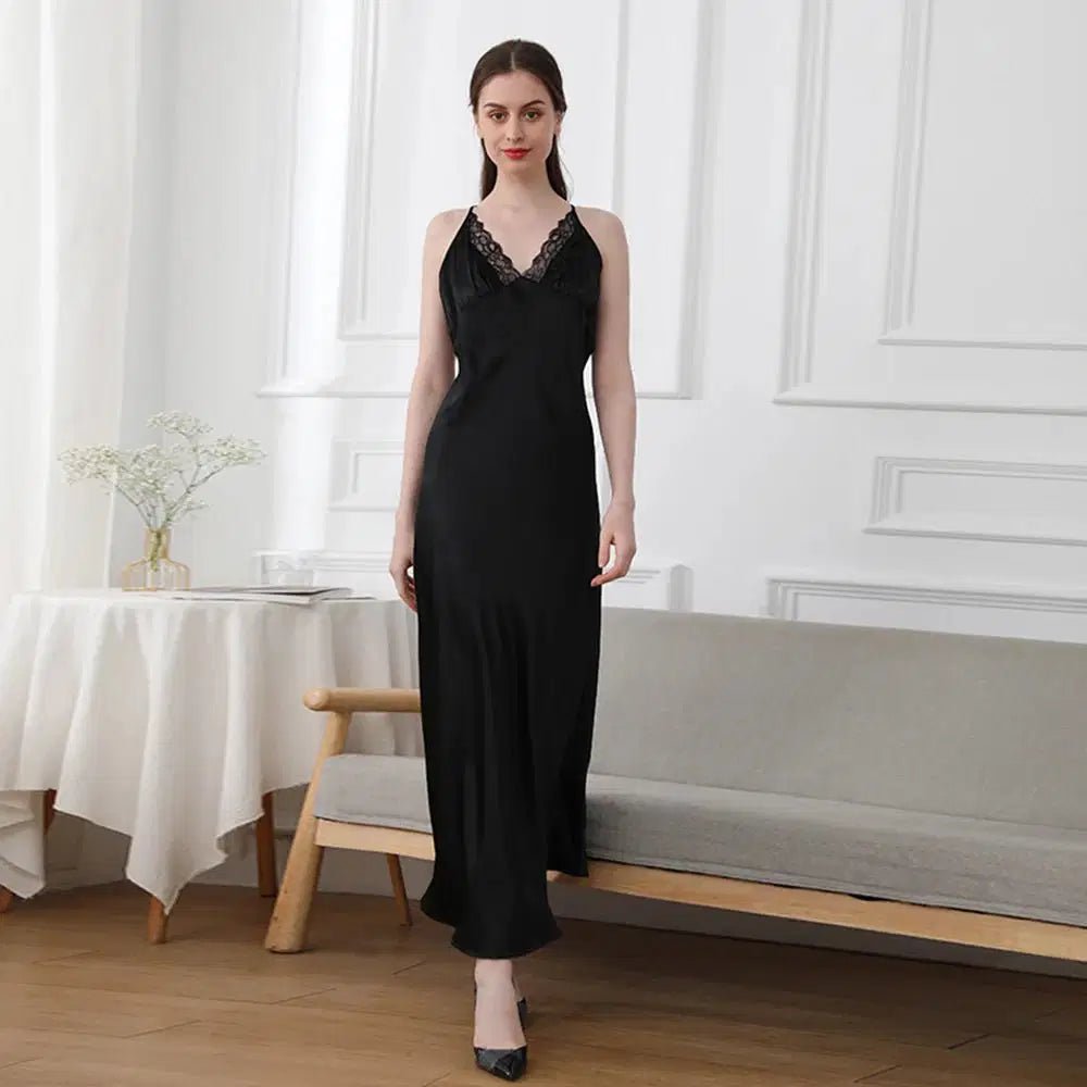 19mm Mulberry Silk Nightgown, Sleeveless V-Neck Sleepwear Black Windia