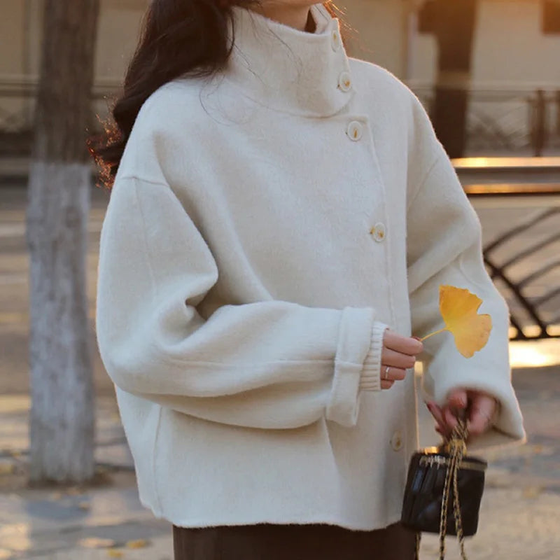Women's Beige Cropped Wool Stand-Collar Coat | Windia