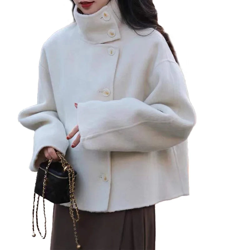 Women's Beige Cropped Wool Stand-Collar Coat | Windia