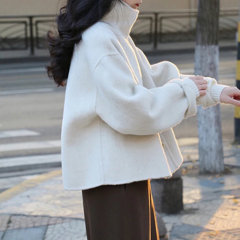Women's Beige Cropped Wool Stand-Collar Coat | Windia