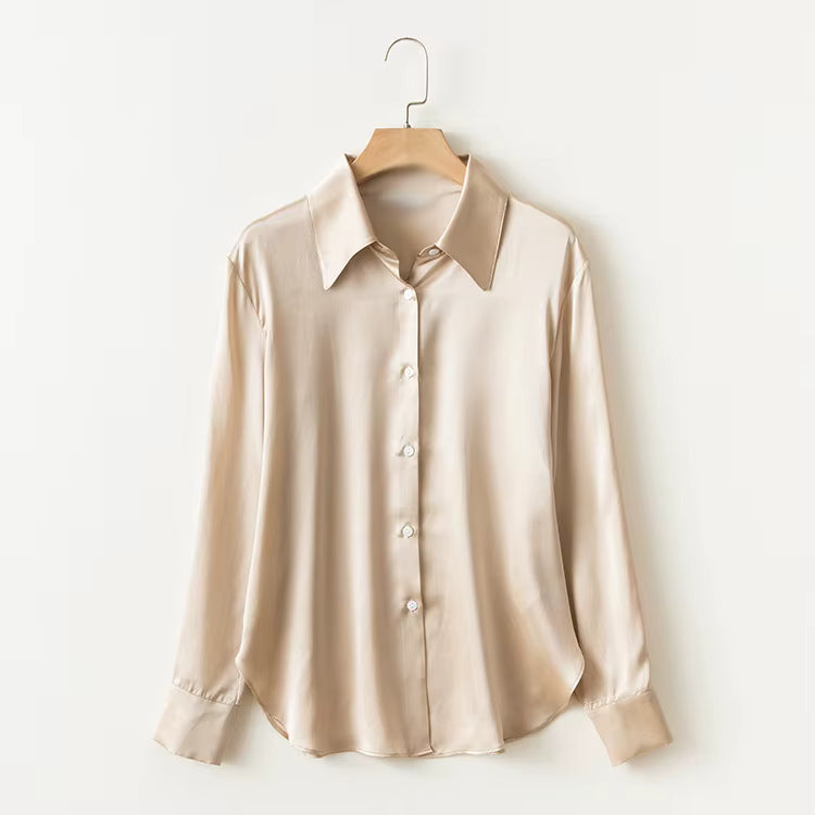 Women's Beige Pearl Silk Satin Lapel Shirt | Luxury Blouse - Windia