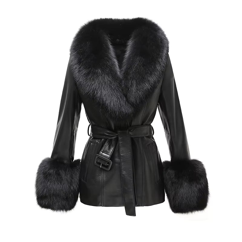 Fox Fur Collar Genuine Sheepskin Leather Coat – Women's Winter Jacket