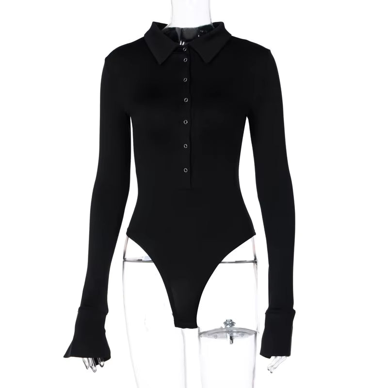 Long Sleeve Lapel Women's Bodysuit Jumpsuit