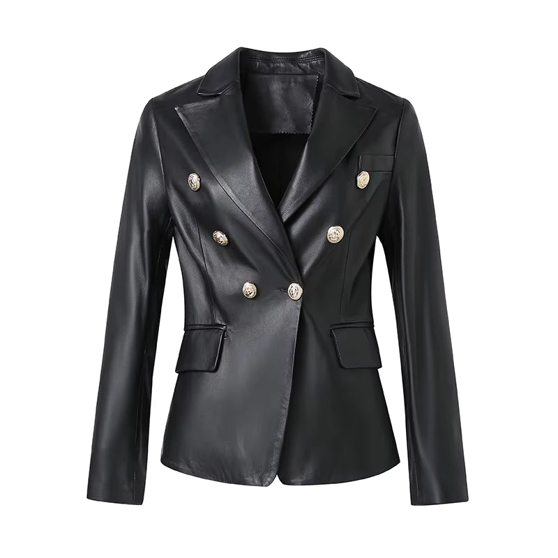 Women's Cropped Sheepskin Leather Double-Breasted Jacket