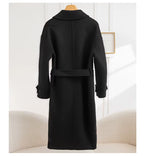 Women's Black Long Wool Coat | Double-Breasted V-Neck | Windia