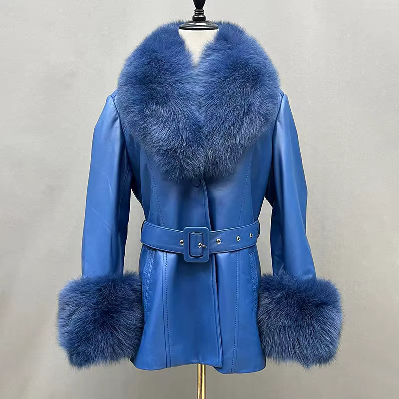 Fox Fur Collar Genuine Sheepskin Leather Coat – Women's Winter Jacket