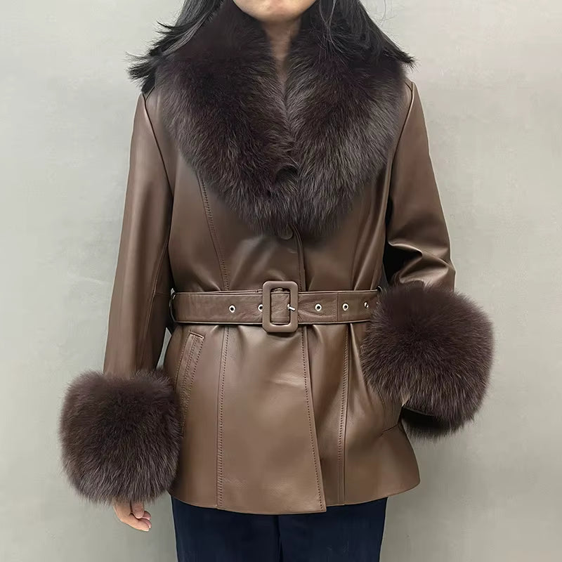 Fox Fur Collar Genuine Sheepskin Leather Coat – Women's Winter Jacket