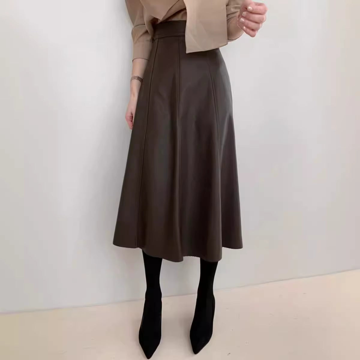 Women's Genuine Leather Long Skirt | High-Waist A-Line Sheepskin Midi Skirt | Windia
