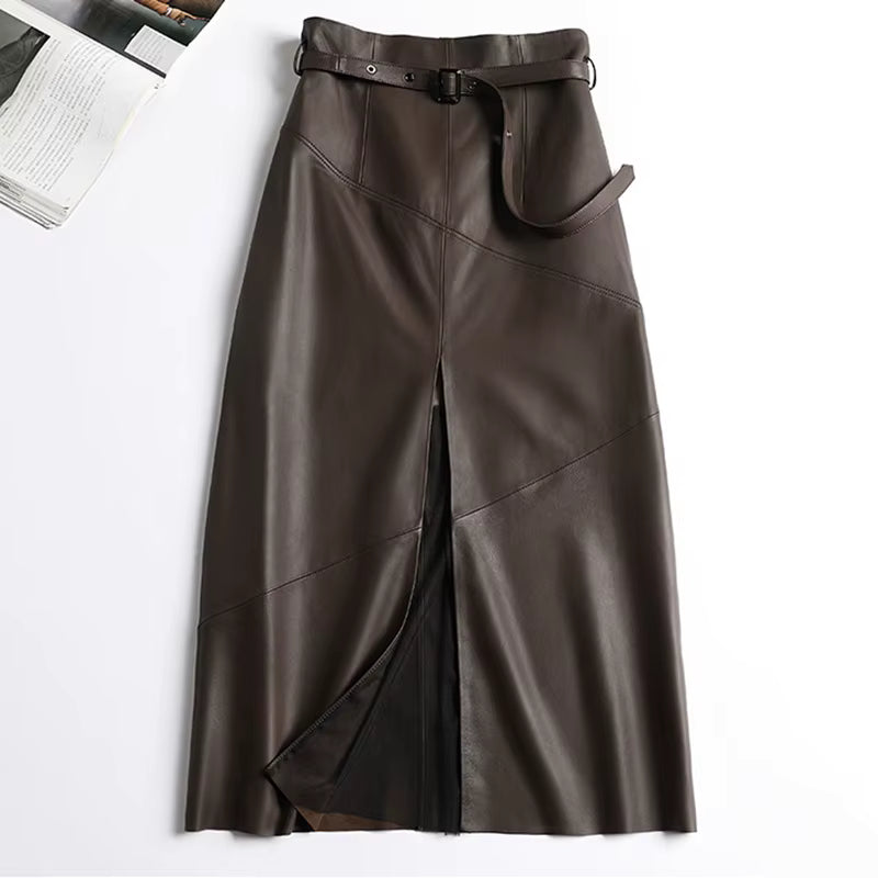 High Waist Split Sheepskin Leather Skirt – Women's Genuine Leather A-Line Skirt