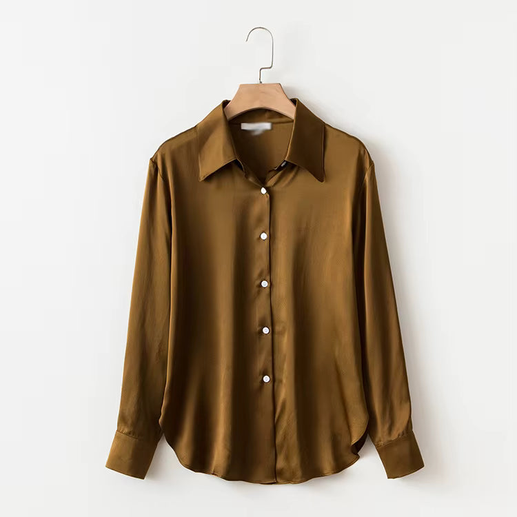 Women's Brown Pearl Silk Satin Lapel Shirt | Luxury Blouse - Windia
