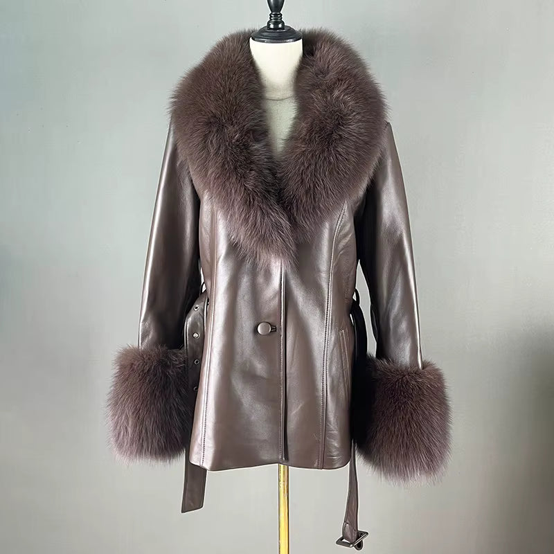Fox Fur Collar Genuine Sheepskin Leather Coat – Women's Winter Jacket