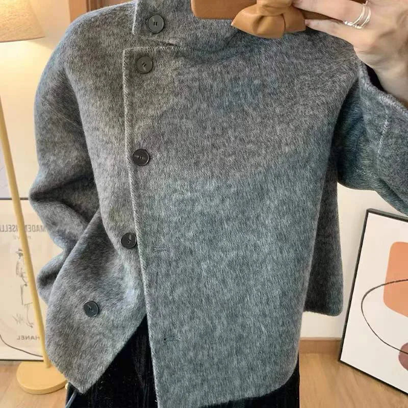 Women's Gray Cropped Wool Stand-Collar Coat | Windia