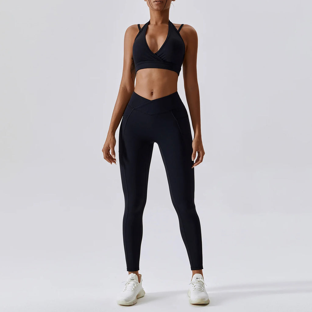 Scrunch Butt Crossover V-Cut Waist Leggings & Sports Bra Set