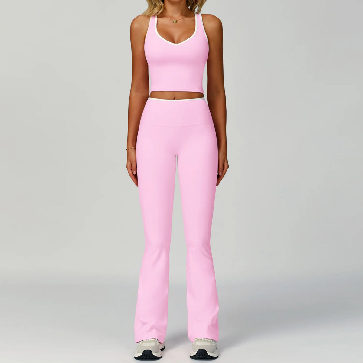 Contrast Colour Yoga Two-Piece Set — Seamless Vest & High-Waist Pants for Women