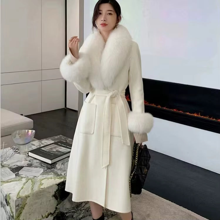 Women's Long Wool  Coat with Fox Fur Collar