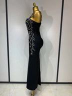 Women's Black Bandage Maxi Dress – Bodycon V-Neck Beading Evening Party Dress