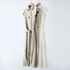 Women's Midi Linen Shirt Dress with Beaded Collar & Waist-Cinching Tie