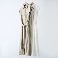 Women's Midi Linen Shirt Dress with Beaded Collar & Waist-Cinching Tie