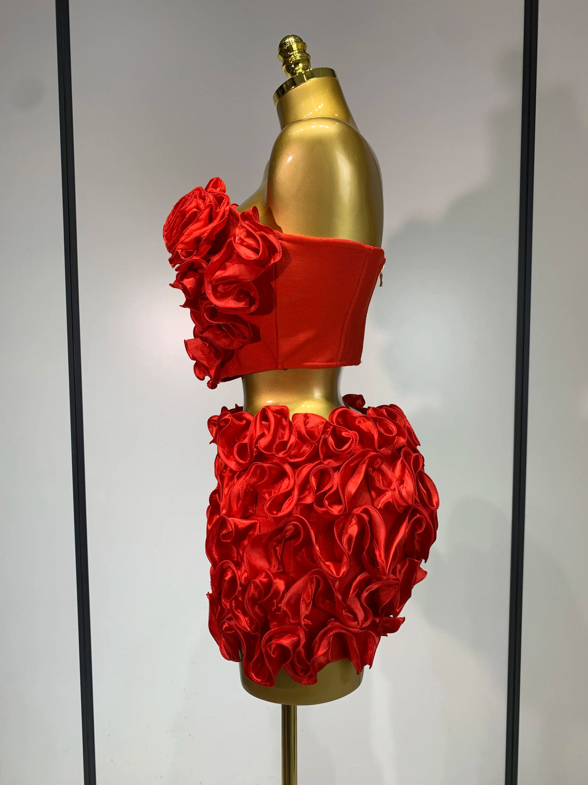 Women's Strapless Red Floral Bodycon Two-Piece Skirt Set