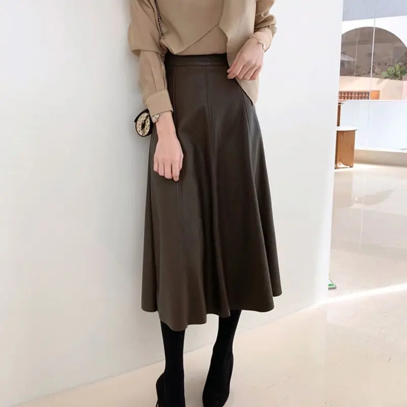 Women's Genuine Leather Long Skirt | High-Waist A-Line Sheepskin Midi Skirt