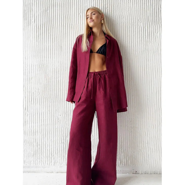 Women's Cotton Lapel Two-Piece Suit – Long Sleeve Top & Drawstring Trousers