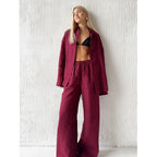Women's Cotton Lapel Two-Piece Suit – Long Sleeve Top & Drawstring Trousers