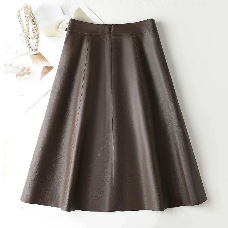 Women's Sheepskin Leather High-Waist Midi Skirt