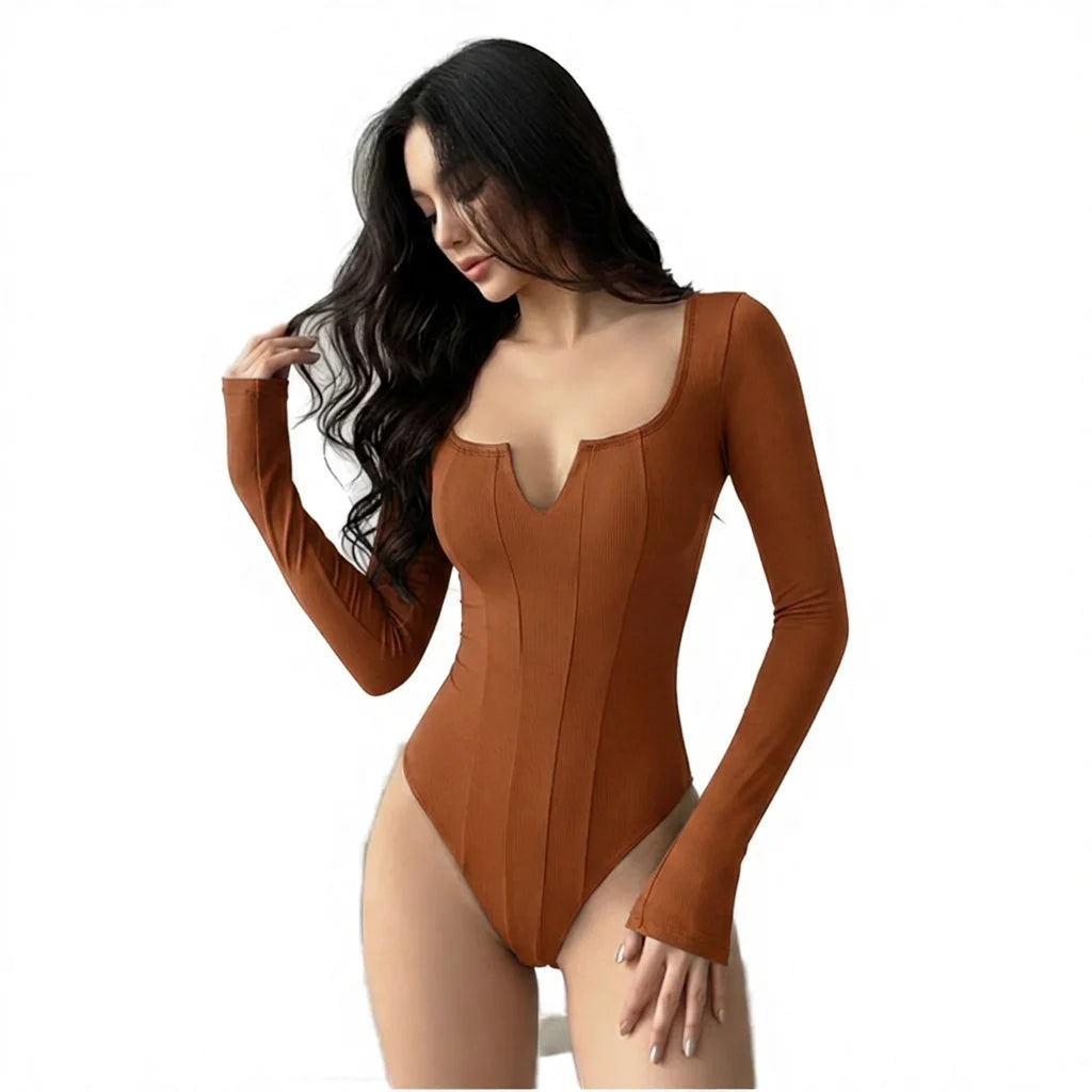 Women's V-Neck Long-Sleeve Stretch Knit Bodysuit