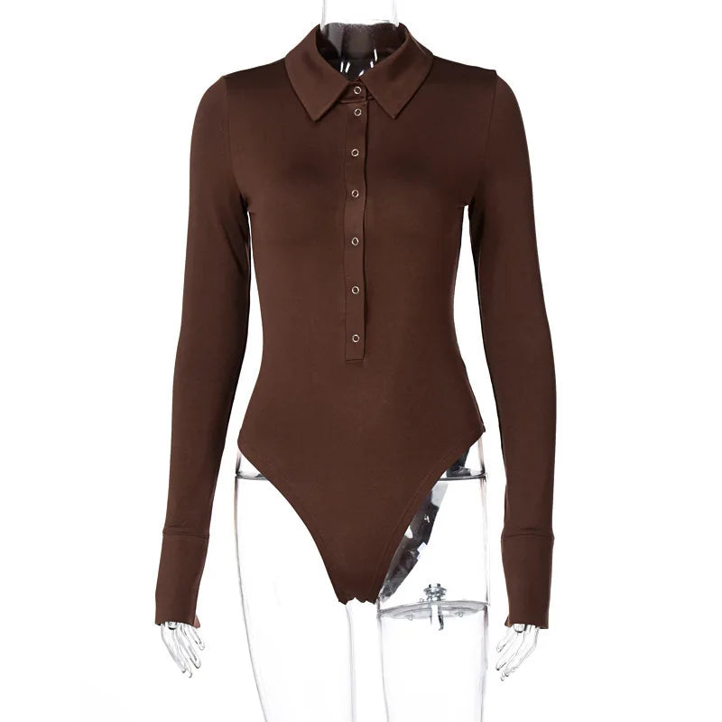 Tight Long Sleeve Lapel Women's Bodysuit Jumpsuit