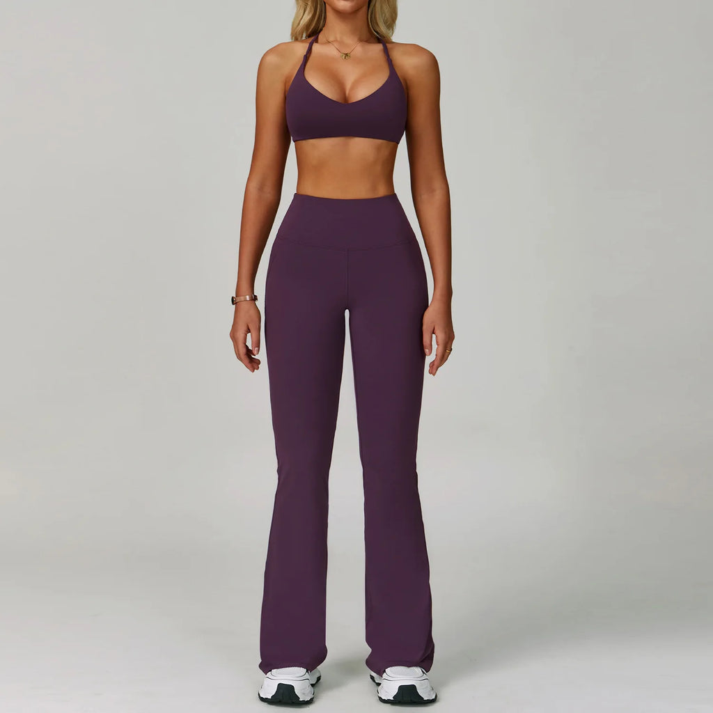 Beautiful Back Sports Bra & Flare Legging Set – Women's Nude Feel 2-Piece Gym Set