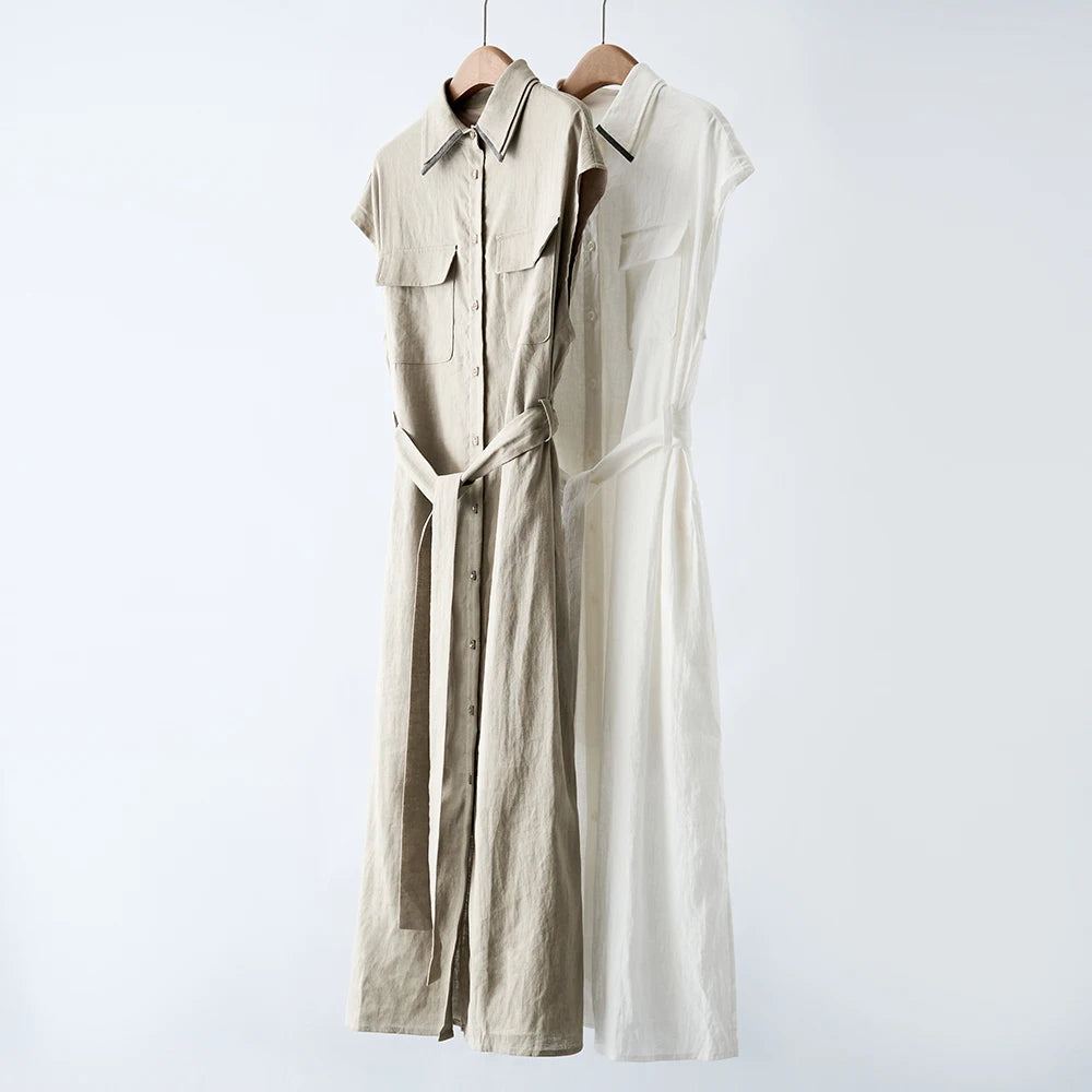Women's Midi Linen Shirt Dress with Beaded Collar & Waist-Cinching Tie