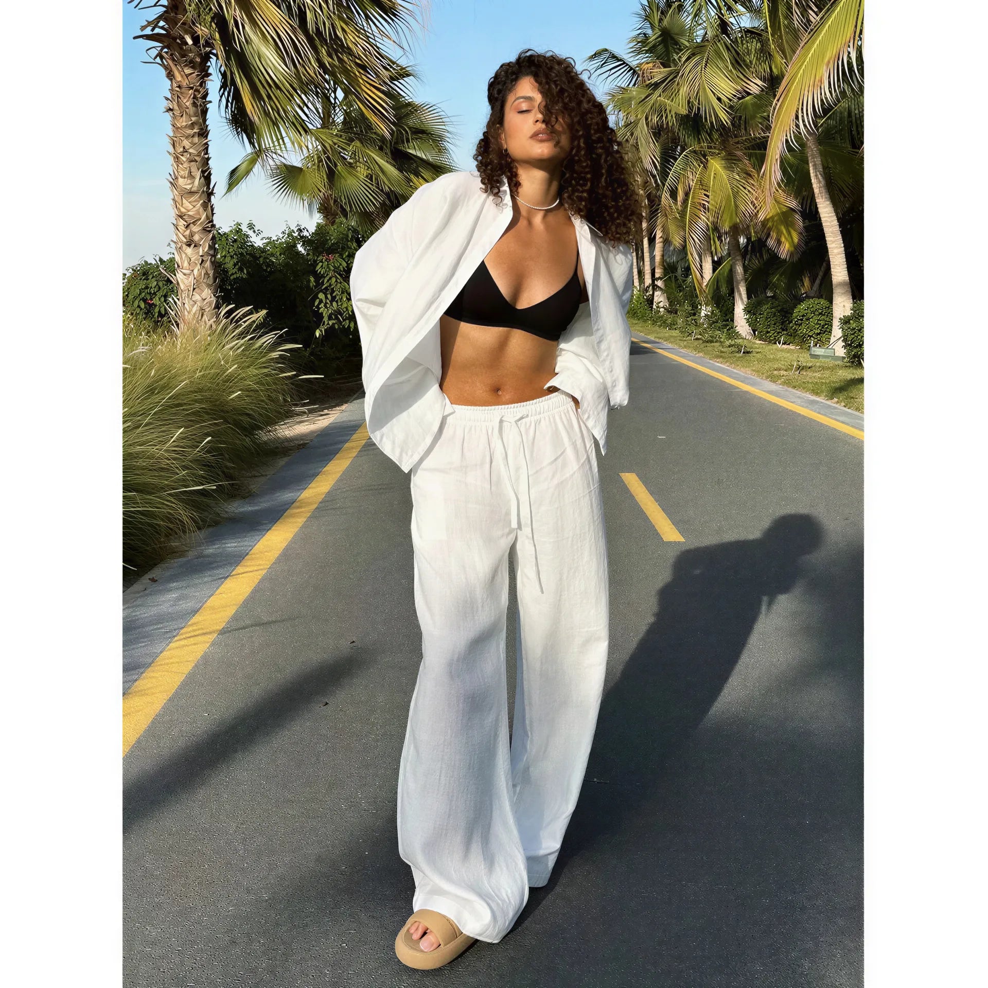 Women's Cotton Lapel Two-Piece Suit – Long Sleeve Top & Drawstring Trousers