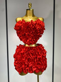 Women's Strapless Red Floral Bodycon Two-Piece Skirt Set