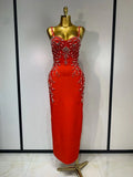 Women's Black Bandage Maxi Dress – Bodycon V-Neck Beading Evening Party Dress