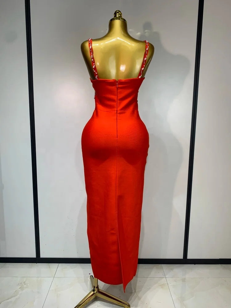 Women's Black Bandage Maxi Dress – Bodycon V-Neck Beading Evening Party Dress