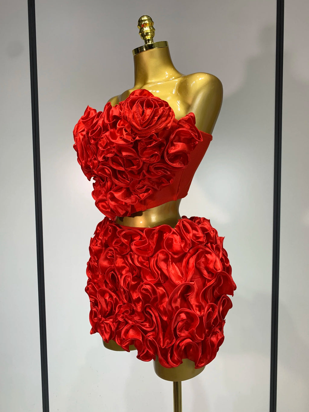 Women's Strapless Red Floral Bodycon Two-Piece Skirt Set
