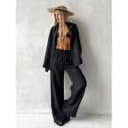 Women's Cotton Lapel Two-Piece Suit – Long Sleeve Top & Drawstring Trousers