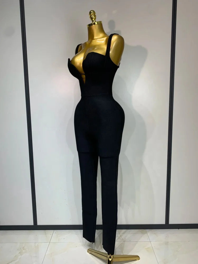 Women's Black Rhinestone V-Neck Jumpsuit | Windia