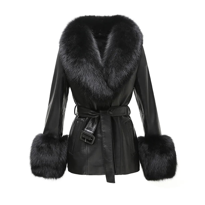 Fox Fur Collar Genuine Sheepskin Leather Coat – Women's Winter Jacket