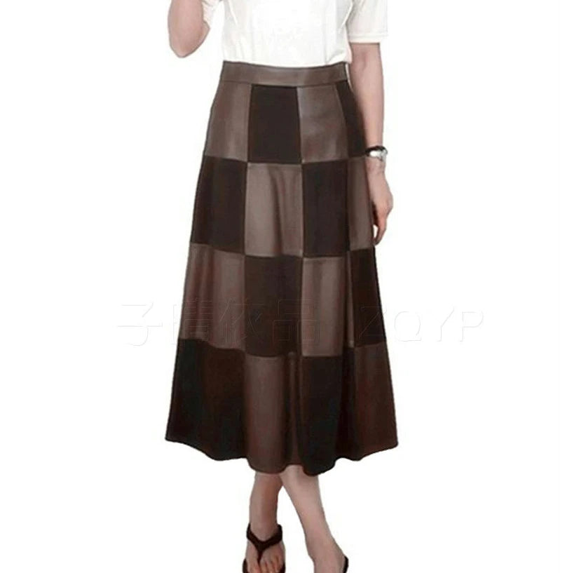 Women's Genuine Leather High Waist Checkerboard A-Line Maxi Skirt