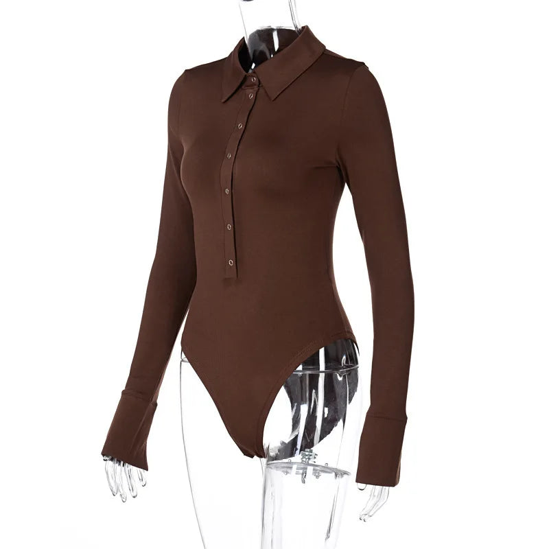 Tight Long Sleeve Lapel Women's Bodysuit Jumpsuit