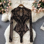 Women's Lace Mesh Jumpsuit – Long Sleeve O-Neck Slim-Fit Embroidered Bodysuit | Variant Colour Brown