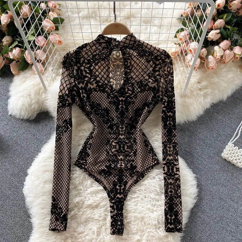 Women's Lace Mesh Jumpsuit – Long Sleeve O-Neck Slim-Fit Embroidered Bodysuit | Variant Colour Brown