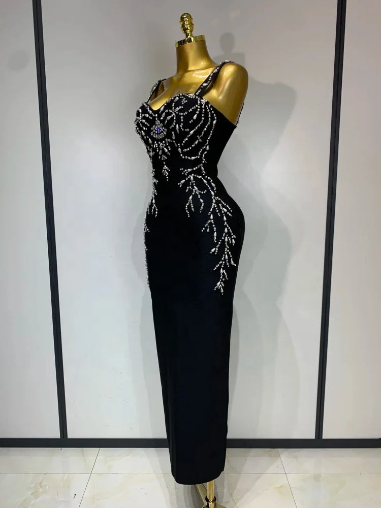 Women's Black Bandage Maxi Dress – Bodycon V-Neck Beading Evening Party Dress