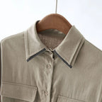 Women's Midi Linen Shirt Dress with Beaded Collar & Waist-Cinching Tie
