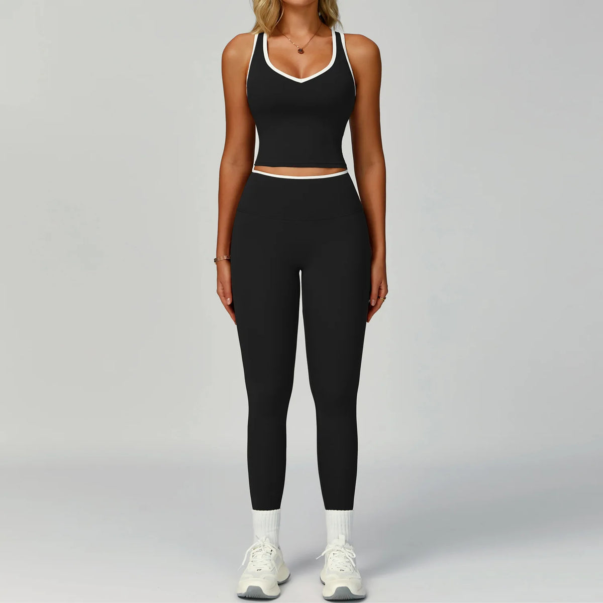 Contrast Colour Yoga Two-Piece Set — Seamless Vest & High-Waist Pants for Women
