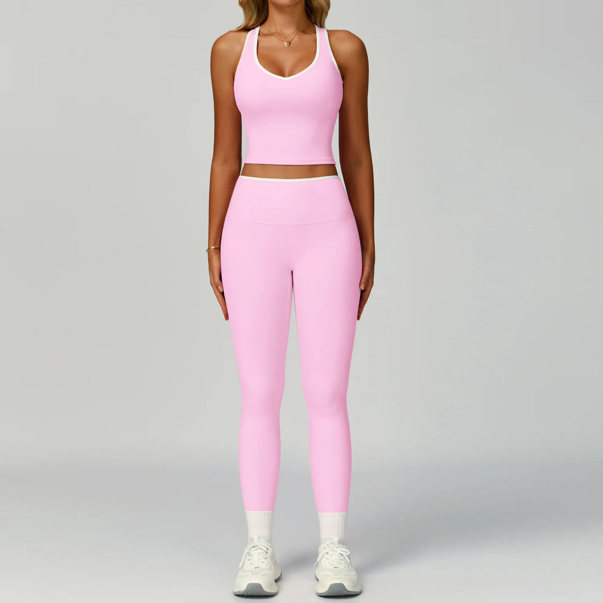 Contrast Colour Yoga Two-Piece Set — Seamless Vest & High-Waist Pants for Women