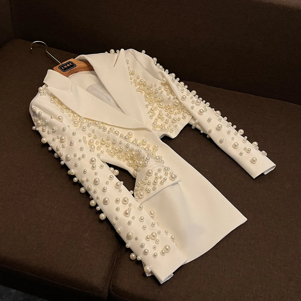 Stylish Asymmetric Design Lady Luxury Beading Notched Long Sleeve Blazer A-line Mini Skirt Women 2pcs