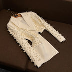 Stylish Asymmetric Design Lady Luxury Beading Notched Long Sleeve Blazer A-line Mini Skirt Women 2pcs