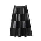 Women's Genuine Leather High Waist Checkerboard A-Line Maxi Skirt